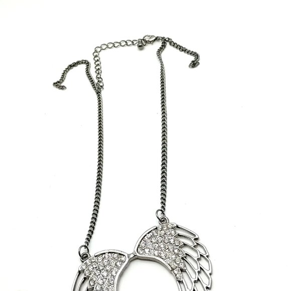 Rhinestone Angel Wing Open Heart Necklace Silver Tone Statement Pendant Chain - Picture 3 of 16